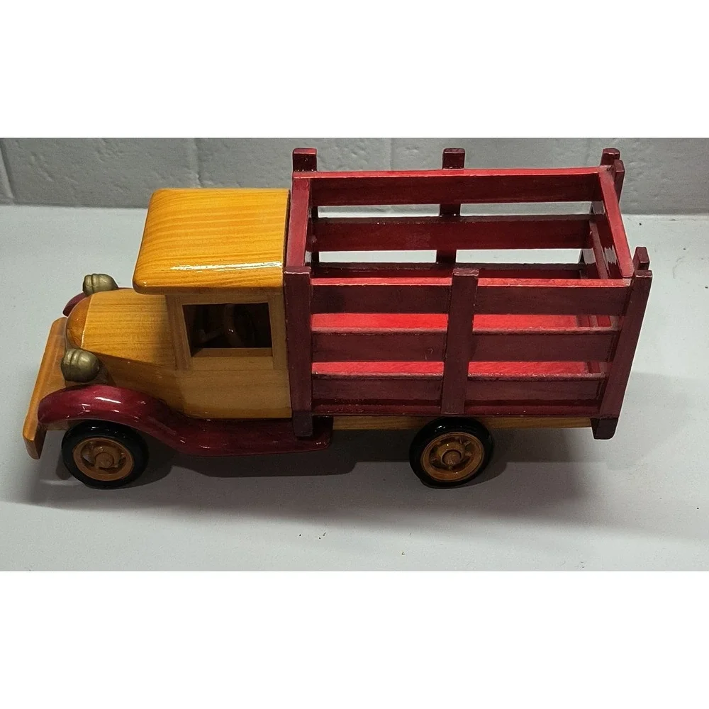 Vintage Style Wooden Stake Bed Toy Truck Red and Yellow Handcrafted Decor